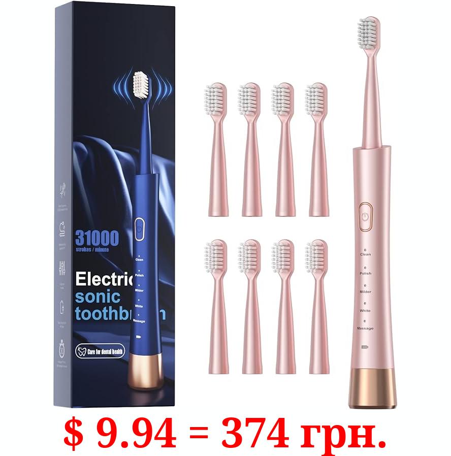 Sonic Electric Toothbrush for Adults, USB Rechargeable Sonic Toothbrush with 8 Brush Heads, Smart Timer, 5 Modes, 2-Hour Fast Charge Last 30 Days, Pink