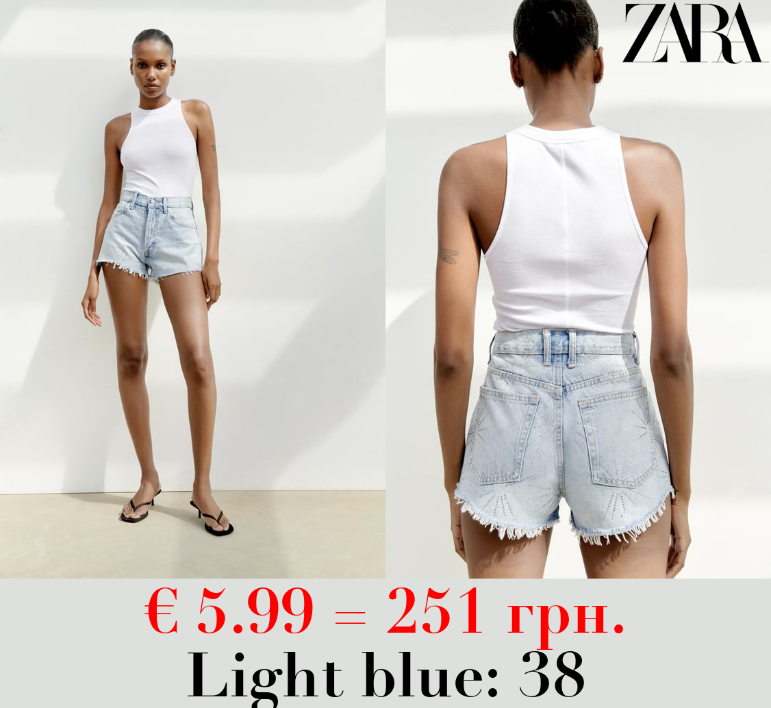 TRF DENIM MID-RISE RHINESTONE SHORTS