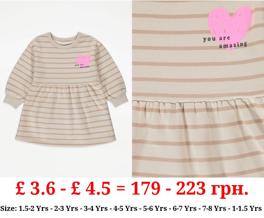 Cream Striped Slogan Sweater Dress