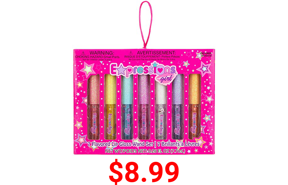 Expressions Girl Kids Teen Girls Ladies & Womens 7 Piece Lip Gloss Wand Set, Glittery Fruity Flavors, Ages 5+