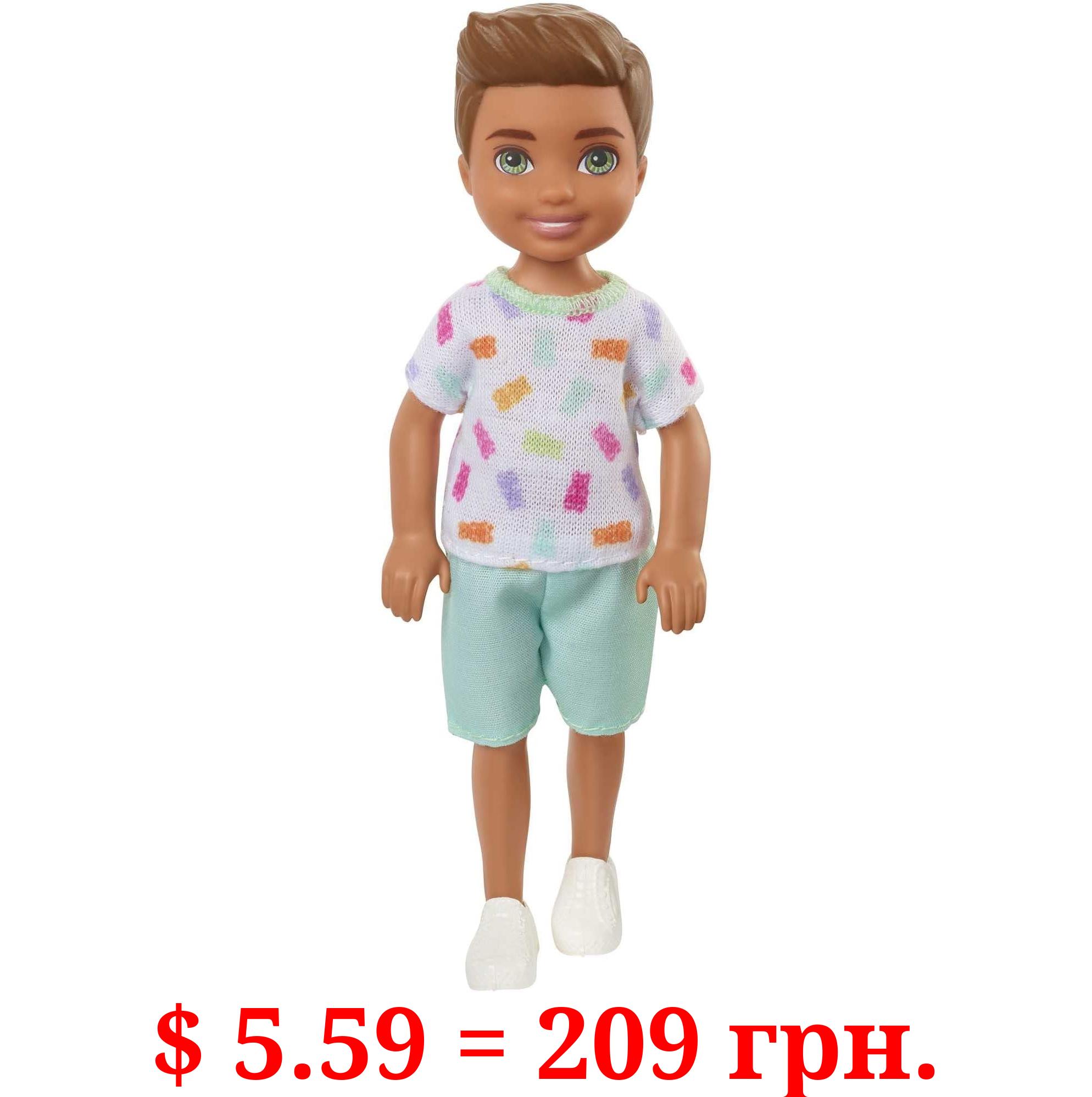 Barbie Chelsea Doll, Small Boy Doll with Brown Hair & Blue Eyes Wearing Gummy Bear T-Shirt, Shorts & Shoes
