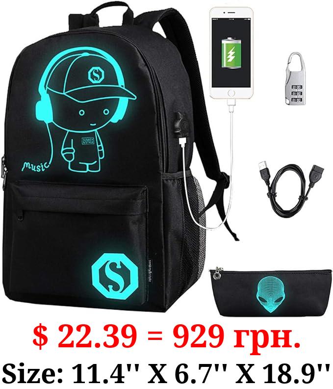 FLYMEI Bookbags for Teen Boys, Anime Cartoon Luminous Backpack with USB Charging Port, 17 Inch Laptop Backpack for Men, School Backpack for Girls/Boys, Cool Anime Backpack
