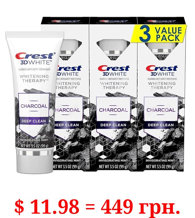 Crest 3D White Whitening Therapy Charcoal Deep Clean Fluoride Toothpaste, Invigorating Mint, 3.5 Ounce, Pack of 3