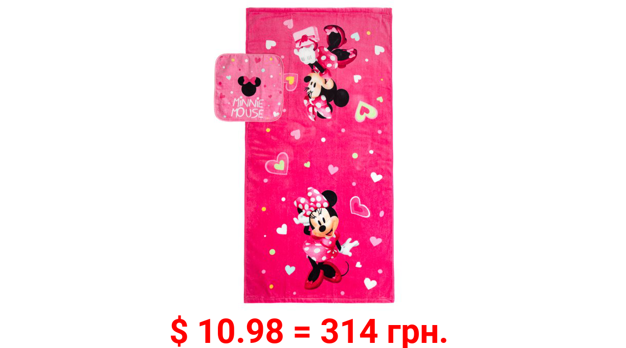 Minnie Mouse Kids 2-Piece Bath Towel and Wash Cloth Set, 100% Cotton, Pink, Disney