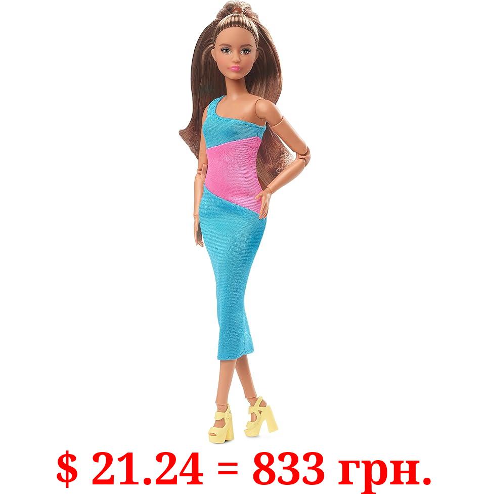 Barbie Looks Doll with Brown Hair Dressed in One-Shoulder Pink and Blue Midi Dress, Posable Made to Move Body