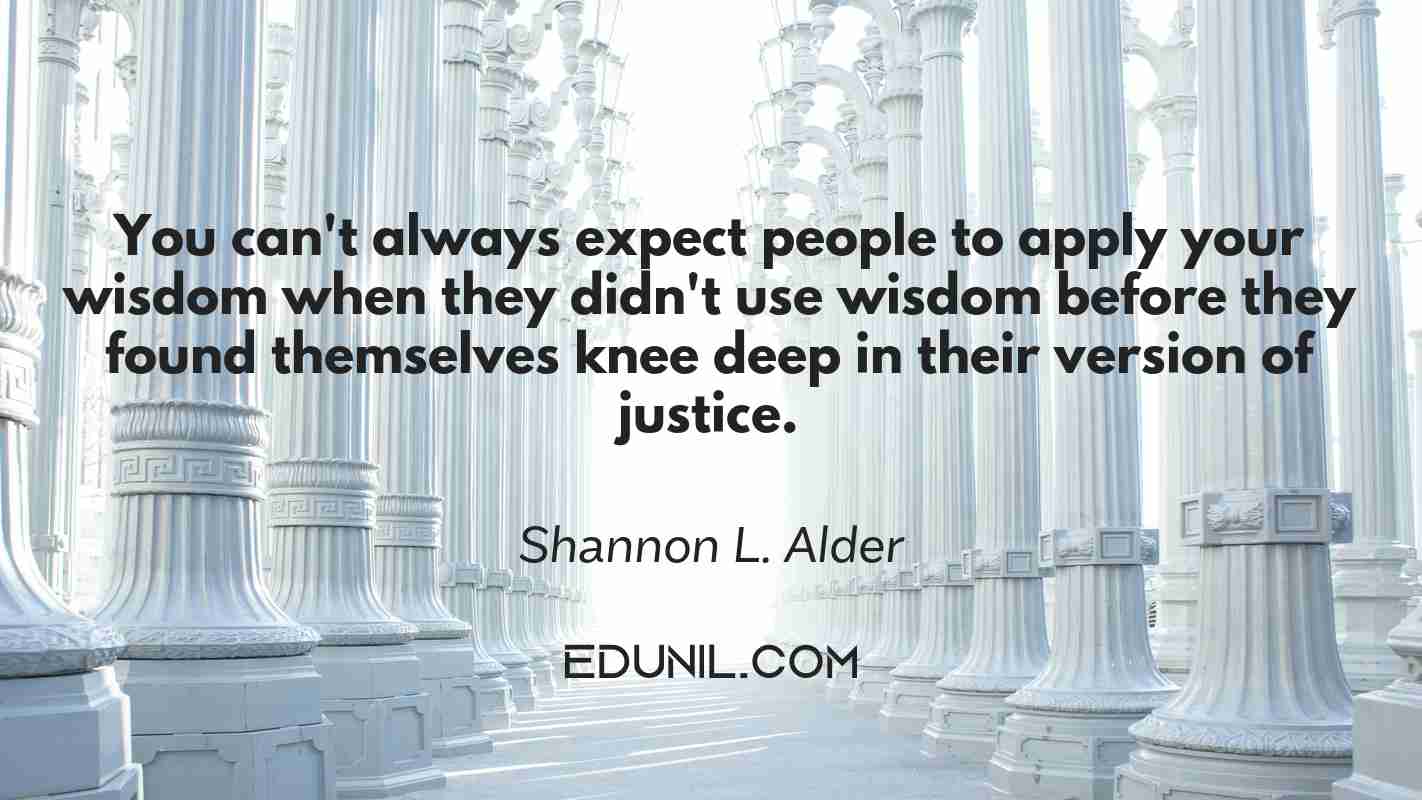 You can't always expect people to apply your wisdom when they didn't use wisdom before they found themselves knee deep in their version of justice. - Shannon L. Alder 