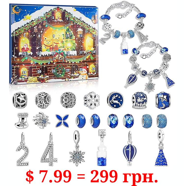 Christmas Advent Calendar 2023 Girls, 24 Days Christmas Countdown Calendar, Xmas Charm Bracelets for Girls, Stocking Stuffer Gifts Idea, DIY Jewelry Bracelet Making Kit for Kids-Blue
