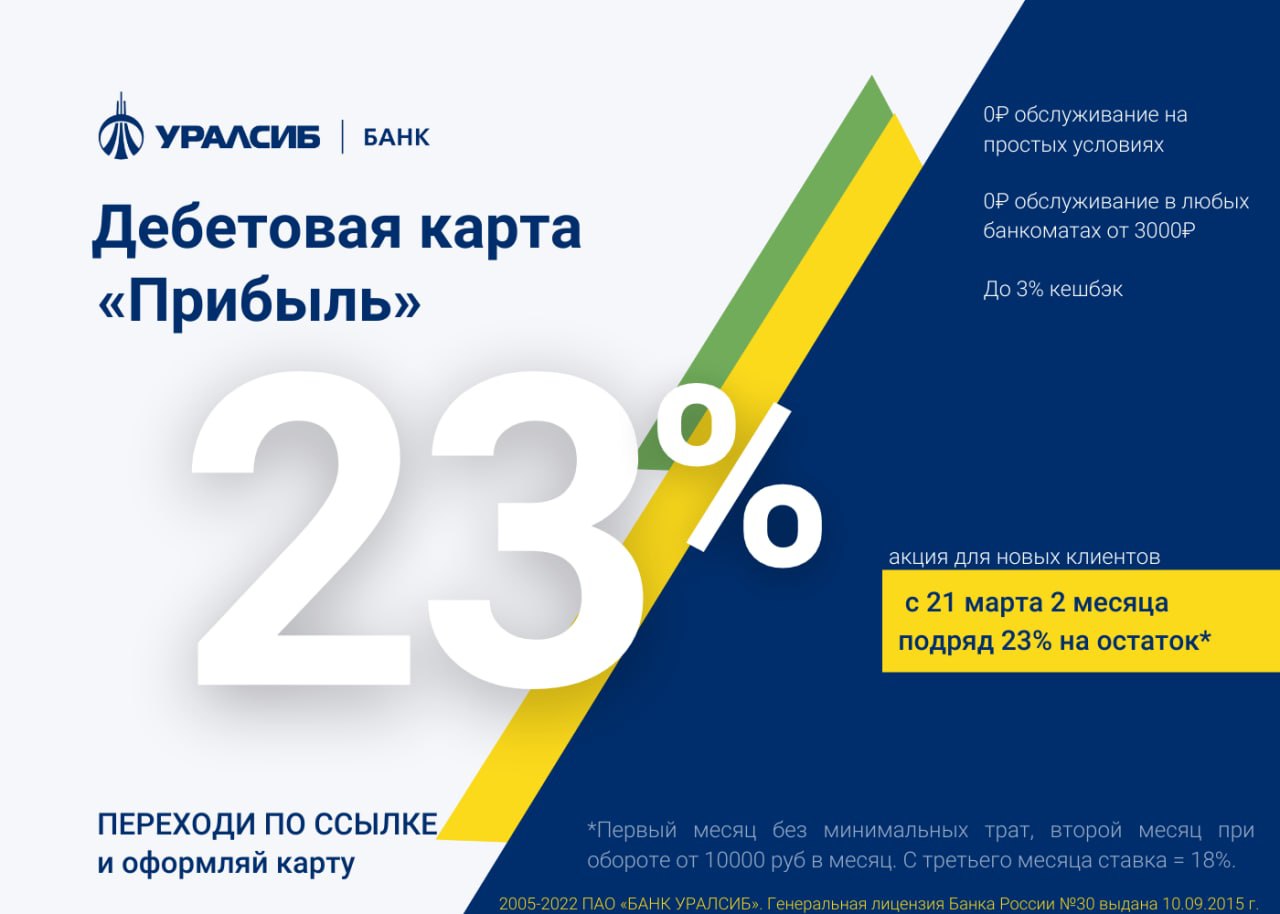 23 годовых. УРАЛСИБ прибыль 1500р новым клиентам.