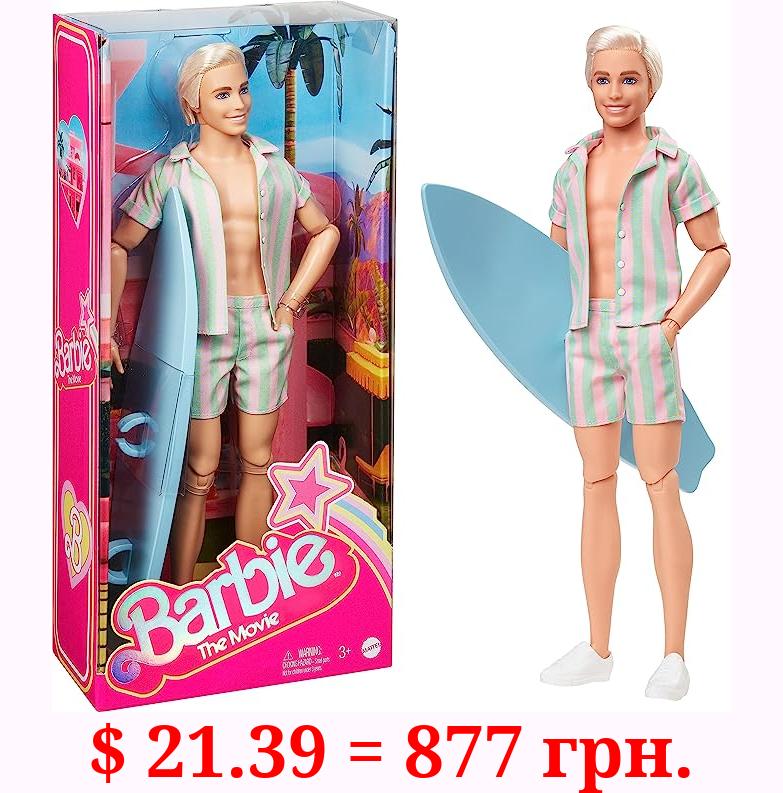Barbie The Movie Ken Doll, Collectible Wearing Pastel Pink & Green Striped Beach Matching Set with Surfboard & White Sneakers