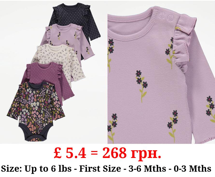 Purple Floral and Spot Frill Bodysuits 5 Pack