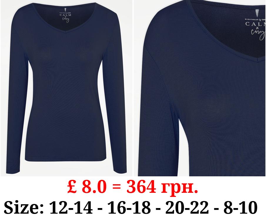 Navy V Neck Long Sleeve Pyjama Top