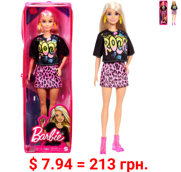 Barbie Fashionistas Doll #155 with Long Blonde Hair Wearing “Rock” Graphic T-Shirt, Animal-Print Skirt, Pink Booties & Earrings, Toy for Kids 3 to 8 Years Old