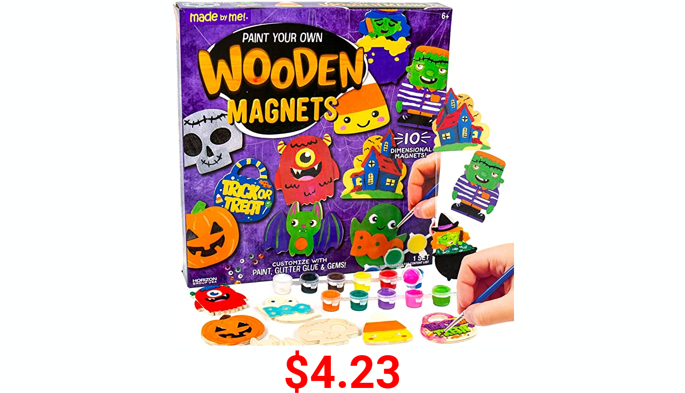 Made By Me Paint Your Own Wooden Halloween Magnets by Horizon Group USA, Includes 10 Dimensional Spooky Magnets, Customize with Paint, Glitter Glue & Gemstones, Magnets Pre-Attached to Wood Designs