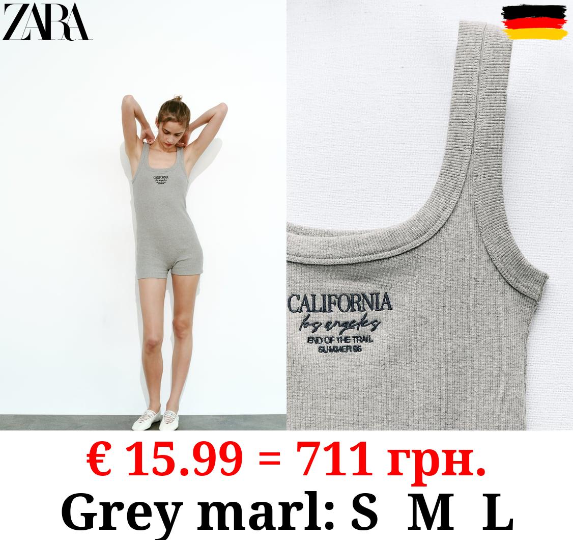 RIBBED PLAYSUIT WITH EMBROIDERED SLOGAN