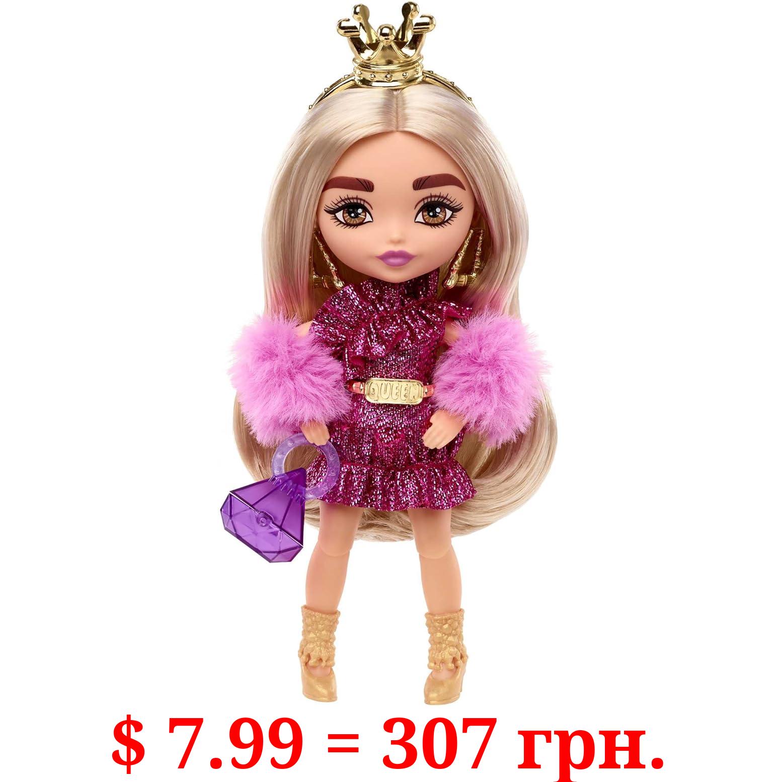 Barbie Extra Minis Doll #8 (5.5 in) Wearing Shimmery Dress & Furry Shrug, with Doll Stand & Accessories, Toy for Kids Ages 3 Years Old & Up