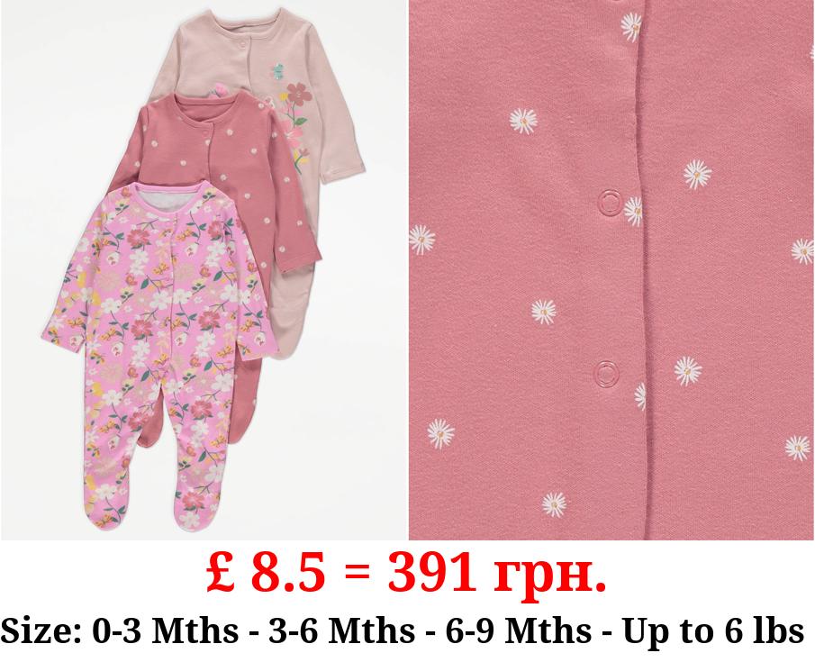 Bright Pink Floral Print Sleepsuits 3 Pack
