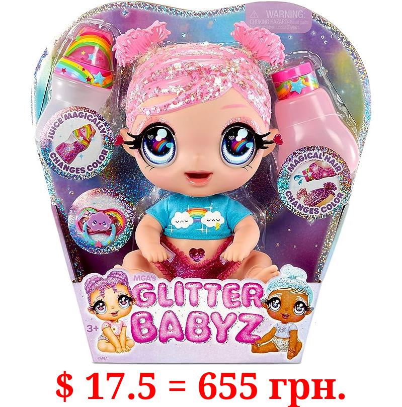 MGA'S Glitter BABYZ DREAMIA Stardust Baby Doll with 3 Magical Color Changes, Pink Hair Rainbow Outfit, Diaper, Bottle, Pacifier Accessories- Gift for Kids, Toy for Girls Boys Ages 3 4 5+ Years Old