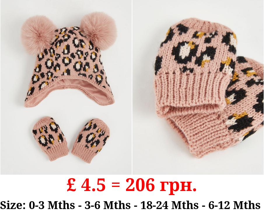 Pink Animal Print Trapper Hat and Mittens Set