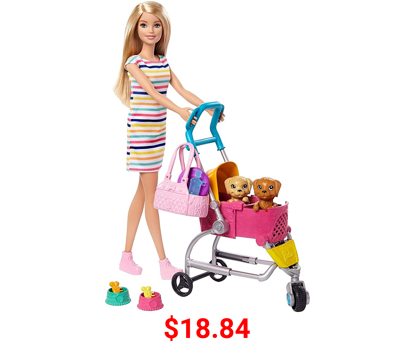 Barbie Stroll ‘n Play Pups Playset with Blonde Barbie Doll (11.5-Inch), 2 Puppies, Pet Stroller and Accessories, Gift for 3 to 7 Year Olds