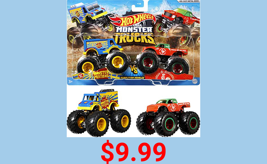 Hot Wheels Monster Trucks 1:64 Scale Die-Cast Demolition Doubles 2-Pack for Kids age 3 - 8 Years Old, Collectible Toy Truck with BIG Wheels for Crashing and Smashing [Styles May Vary]