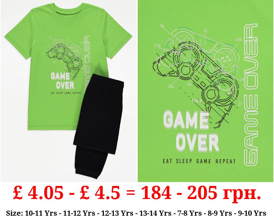 Green Game Over Slogan Print Short Sleeve Pyjamas