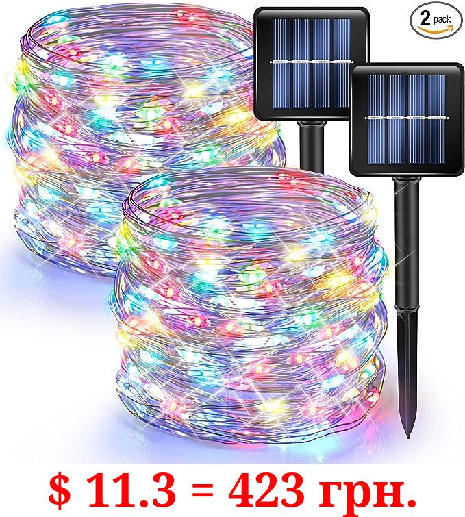 Dazzle Bright 2 Pack Solar String Lights Outdoor, 39.4 FT 120 LED Solar Powered Waterproof Fairy Lights 8 Modes, Copper Wire Lights for Christmas Patio Party Tree Yard Decoration (Multi-Colored)