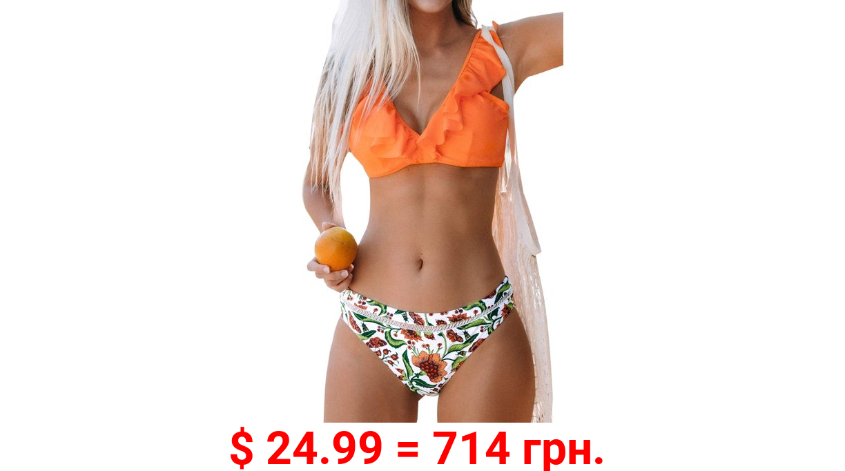 Cupshe Women's Orange Ruffle Bikini With Floral Bottom