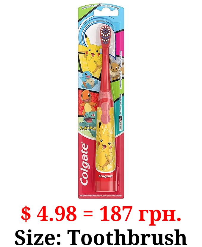 Colgate Kids Battery Powered Toothbrush, Kids Battery Toothbrush with Included AA Battery, Extra Soft Bristles, Flat-Laying Handle to Prevent Rolling, Pokemon Toothbrush, 1 Pack (Style May Vary)
