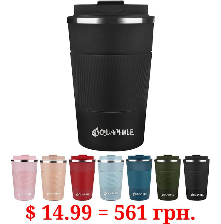 AQUAPHILE Reusable Coffee Cup, Coffee Travel Mug with Leak-proof Lid, Thermal Mug Double Walled Insulated Cup, Stainless Steel Portable Cup with Rubber Grip(New-Black, 17 oz)