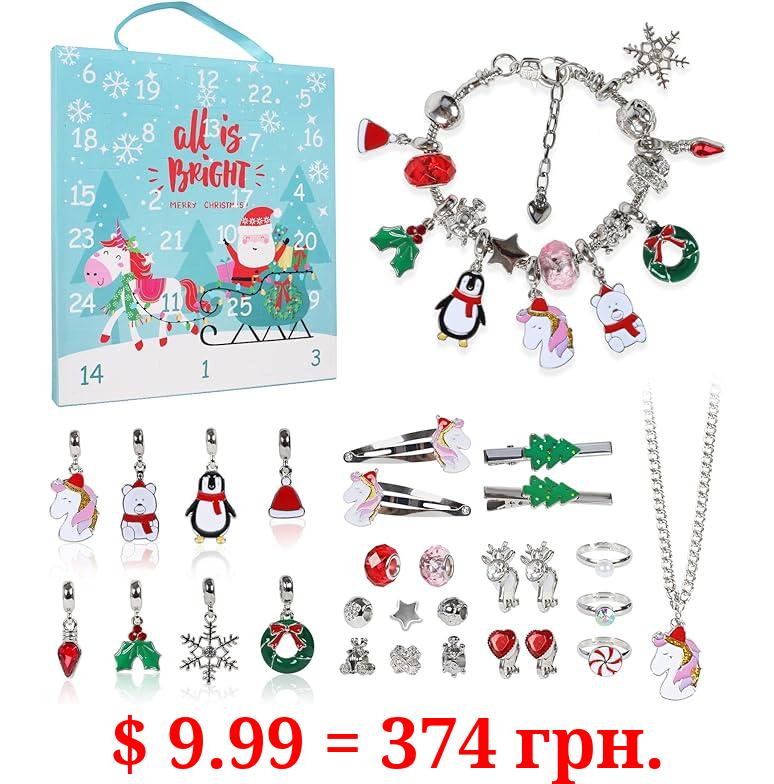 Advent Calendar 2023 Girls Unicorn Charm Bracelets Making Kit for Kids Christmas Countdown Calendars, Advent Gifts DIY Beads Necklace Ring Earrings Jewelry Advent Calendar for Toddler Kids Teens Girls