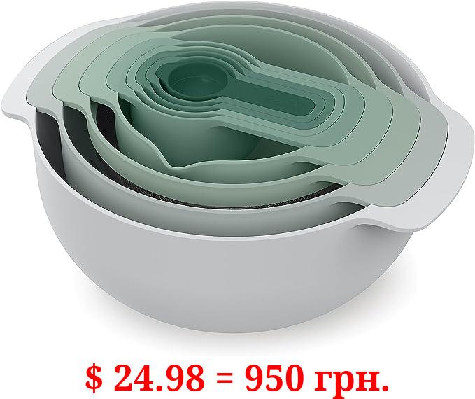 Joseph Joseph Nest 9 Plus, 9 Piece Compact Food Preparation Set with Mixing Bowls, Measuring cups, Sieve and Colander, Editions Range, Polypropylene, Stainless steel, Sage Green