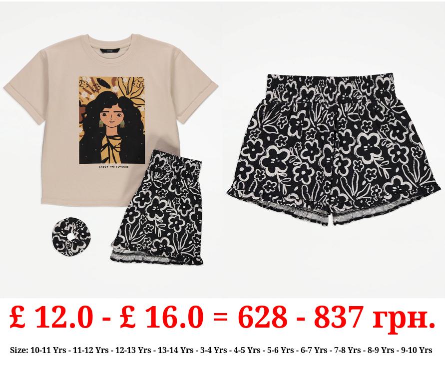 Floral Girl Print T-Shirt Shorts and Scrunchie Outfit