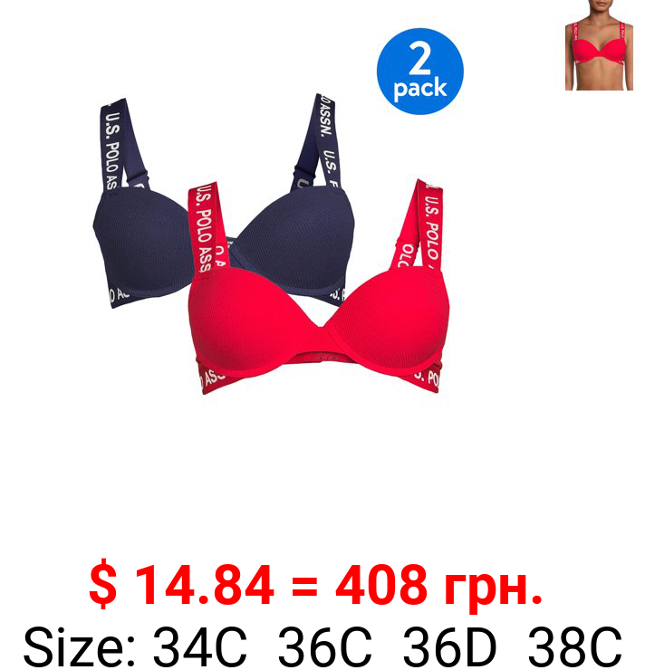 U.S. Polo Assn. Women's 2 Pack Tag-Free Ribbed Cotton Spandex Push Up Bra Set