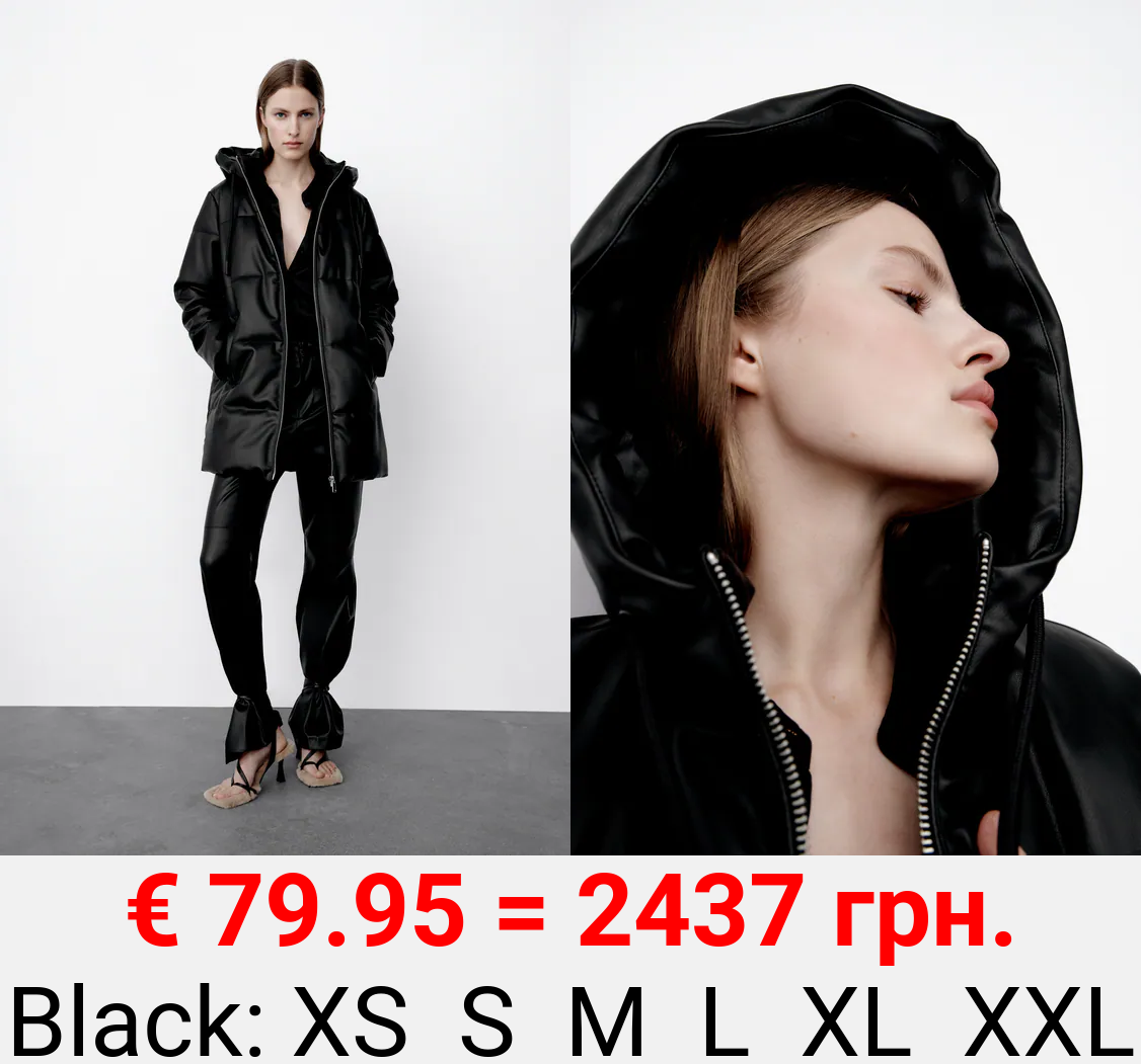 FAUX LEATHER PUFFER COAT WITH WIND PROTECTION