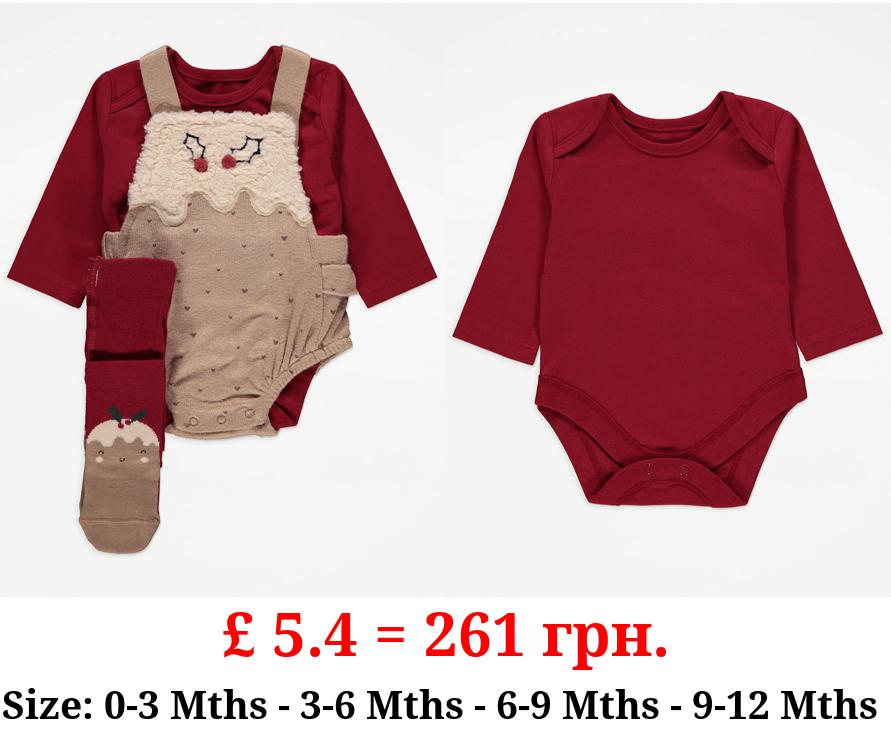 Christmas Pudding Romper Bodysuit and Tights 3 Piece Set
