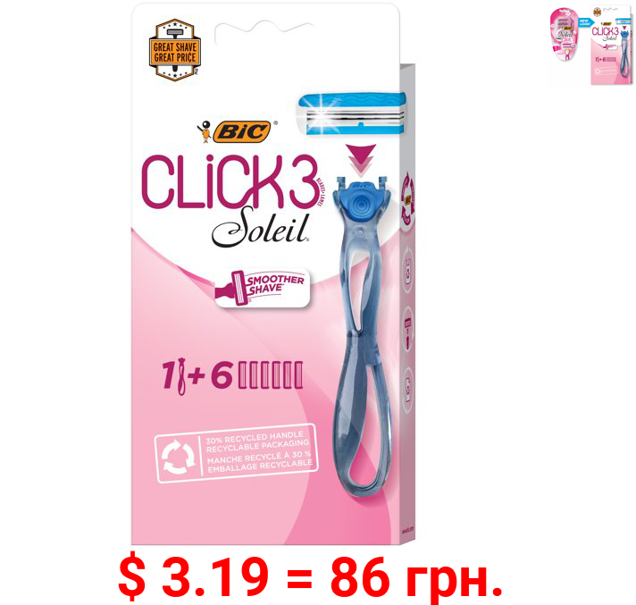 BIC Soleil Click 3 Women's Disposable Razor, Triple Blade, 1 Handle and 6 Snap-In Cartridges For a Flawlessly Smooth Shave