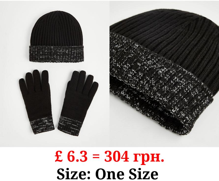 Thinsulate Black Knitted Beanie Hat and Gloves Set