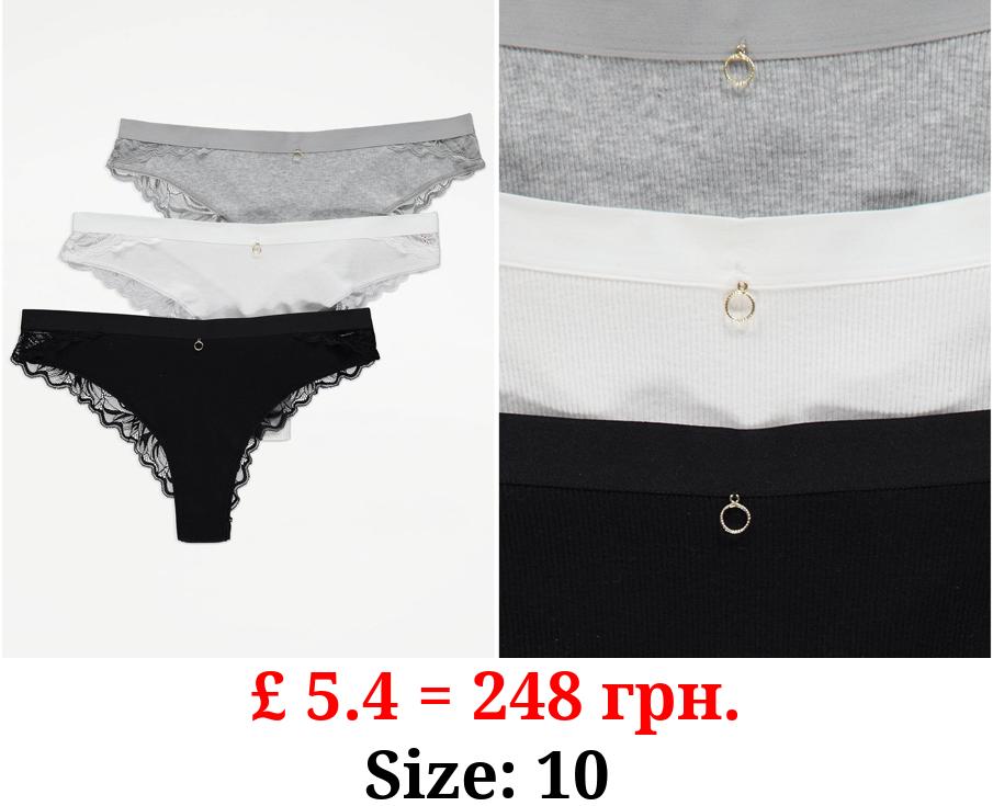 Grey Lace Trim Ribbed Mini Briefs 3 Pack