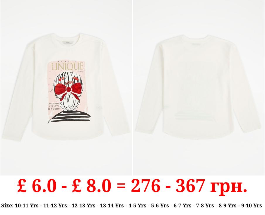White Flip Sequin Slogan Long Sleeve Top