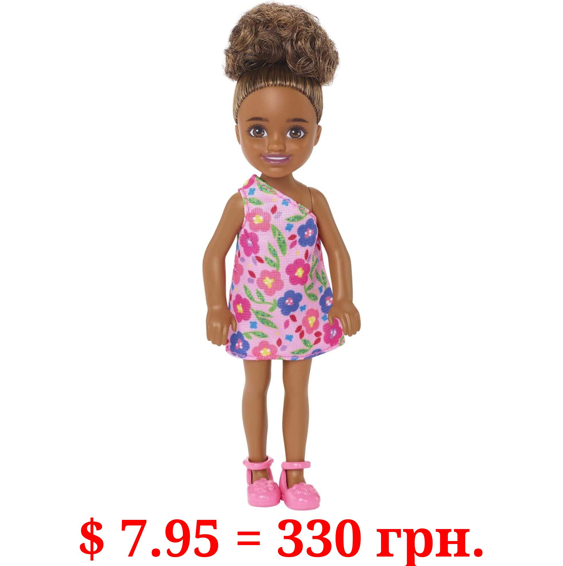 Barbie Chelsea Doll (Brunette Curly Hair) Wearing One-Shoulder Flower-Print Dress and Pink Shoes, Toy for Kids Ages 3 Years Old & Up