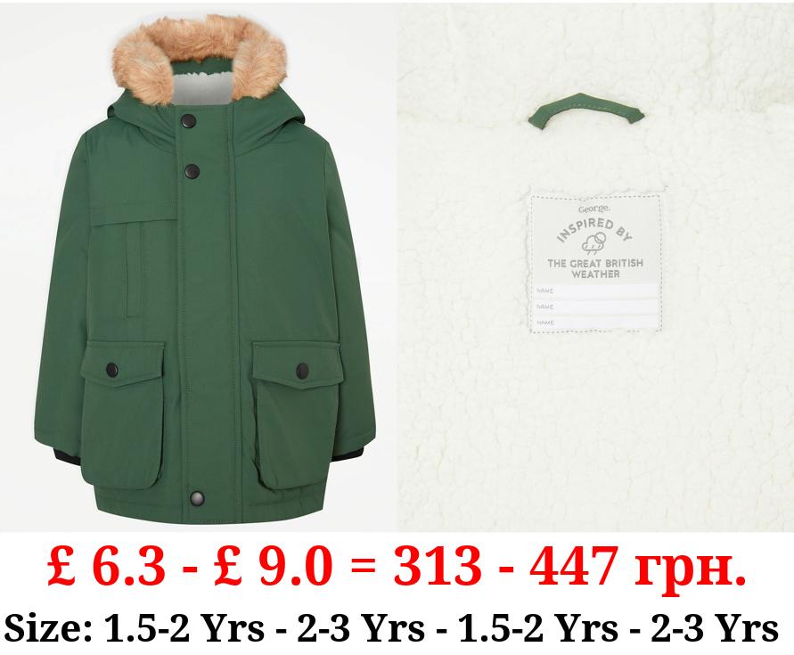 Khaki Faux Fur Trim Parka Coat