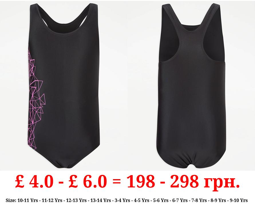 Girls Black Printed School Swimsuit