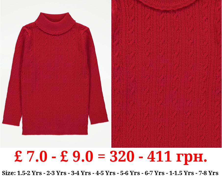 Red Cable Knit Roll Neck Top