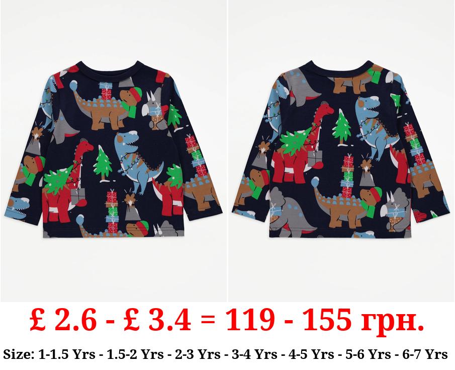 Navy Christmas Dinosaur Long Sleeve Top