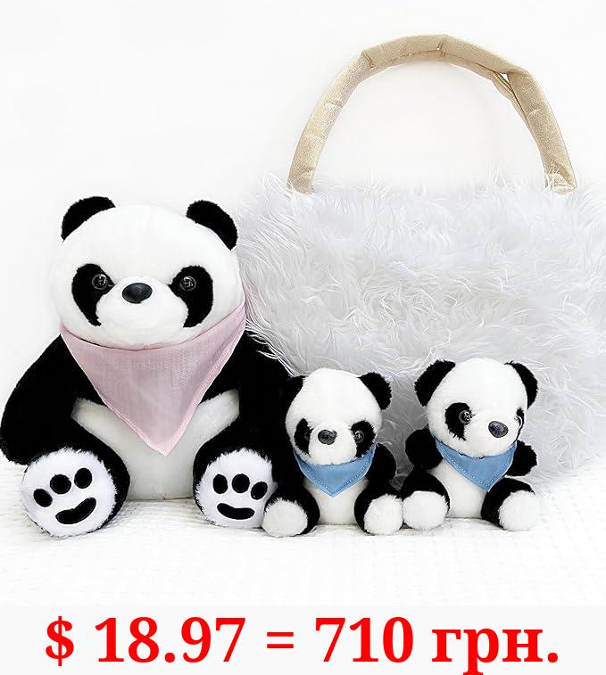 Perfectto Design Panda Stuffed Animal Bear Plush Toy for Girls 5 PCS Set - Mommy, 2 Babies, Bag, Blanket stuffies 3 4 5 Year Old Girl, Little Girls Birthday, Christmas Age 3-9