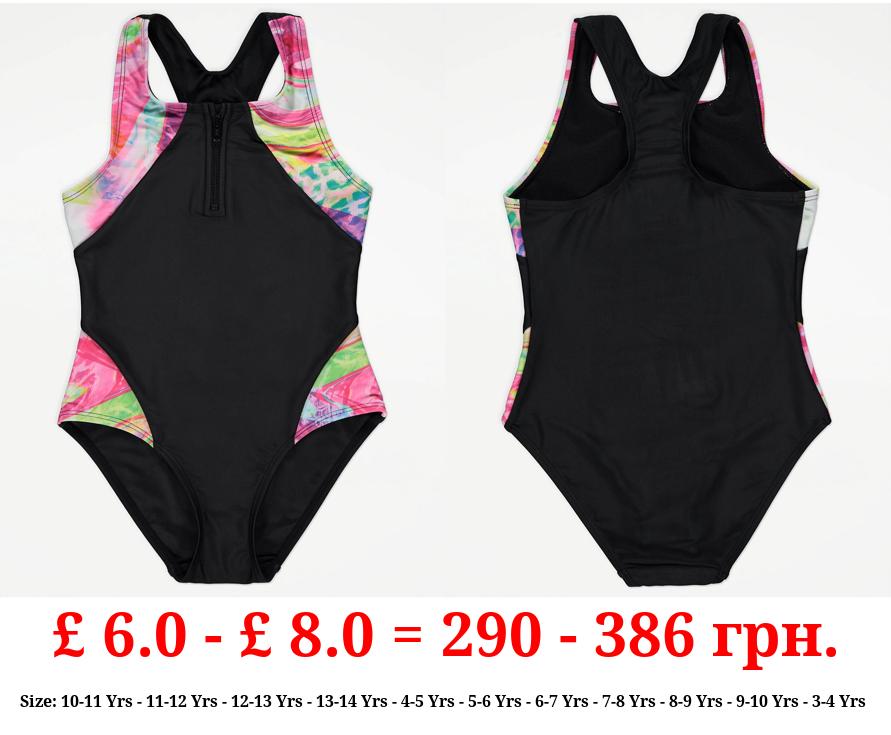 Bright Swirl Trim Zip Neck Swimsuit