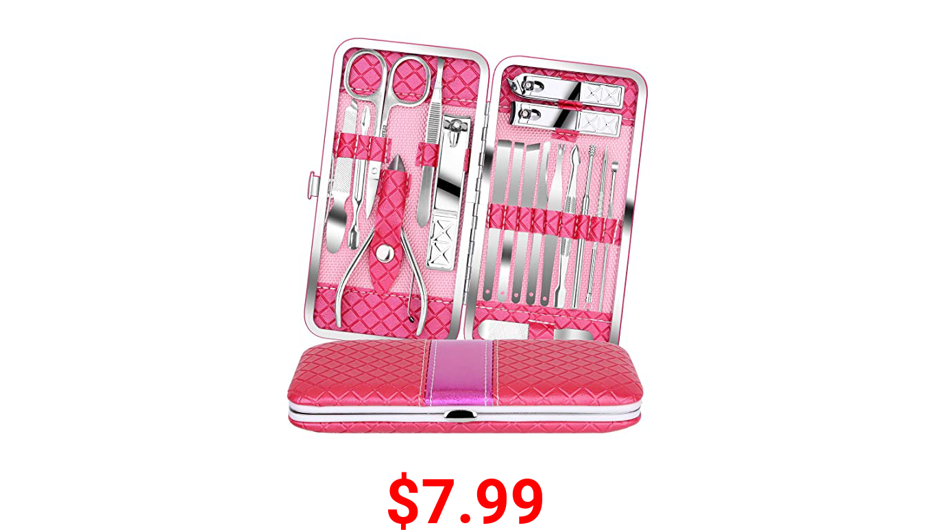 Teamkio 18pcs Manicure Set Pedicure Nail Clippers Set Travel Hygiene Kit Stainless Steel Professional Cutter Care Set Scissor Tweezer Knife Ear Pick Tools Grooming Kits with Leather Case (18pcs, Pink)