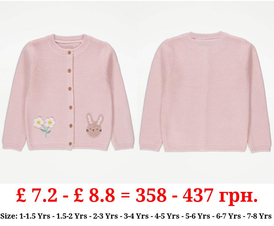 Pink Knitted Bunny Embroidered Cardigan