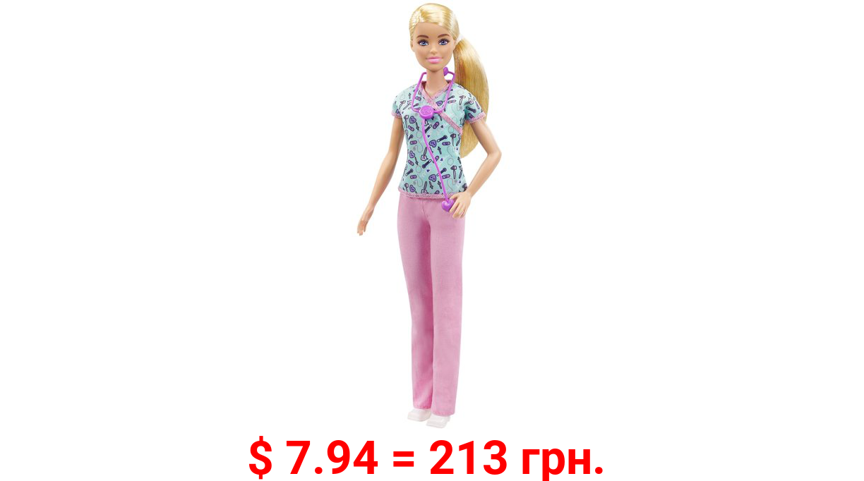Barbie Nurse Blonde Doll (12-in/30.40-cm) with Scrubs Featuring a Medical Tool Print Top & Pink Pants, White Shoes & StethoscopeAccessory, Great Gift for Ages 3 Years Old & Up
