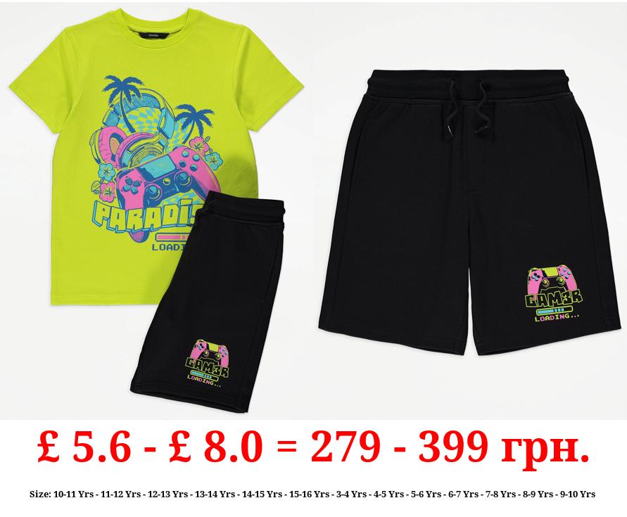Bright Green Gamer Graphic T-Shirt and Shorts Outfit